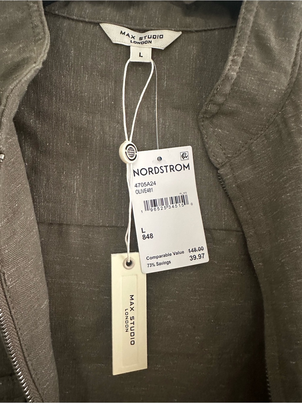 Max Studio Olive Green Linen Zip Jacket
